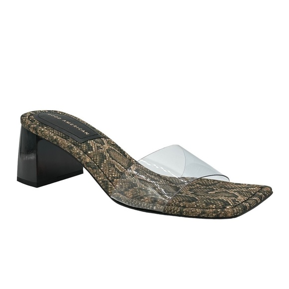 NEW GOOD AMERICAN Block Heel Slide Sandals Desert Snake Clear Upper Size 10 - Picture 2 of 9